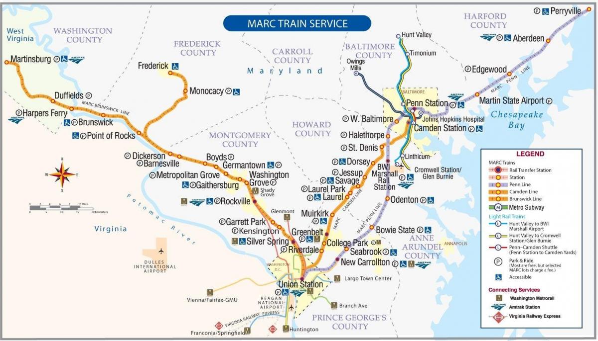 Mapa das estações ferroviárias de Washington DC